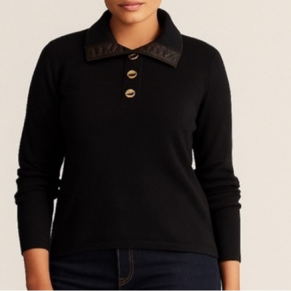 Lauren, Ralph Lauren Black 1/4 gold tone button collared pullover. Size Med GUC - Picture 8 of 8
